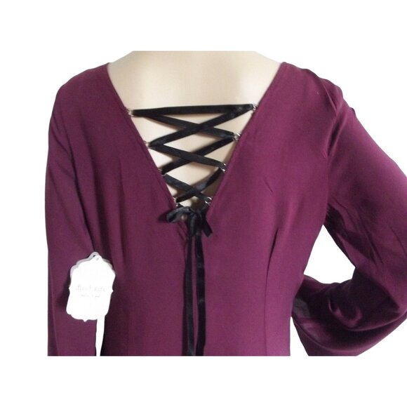 Altar'd State Dress Womens Size Medium Burgundy V-Neck lace up long bell sleeves - Picture 5 of 12